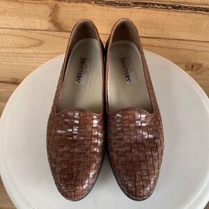 VTG Trotters Brown Sandals Sz 10 Slip On Leather Basket Weave‎ Boho Cottagecore